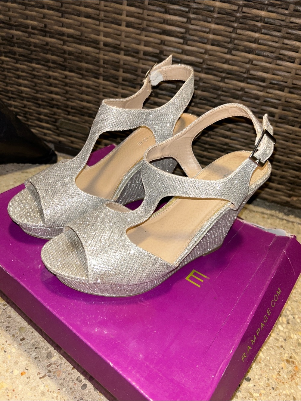 Rampage Silver Glitter T-Strap Wedge Sandals